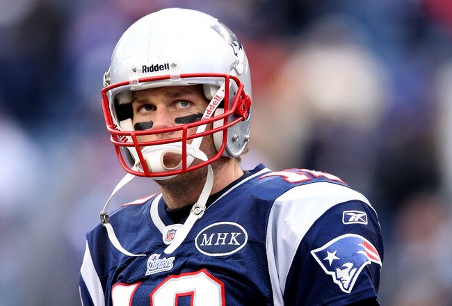 FOXBORO, MA - JANUARY 22:  Tom Brady #12 of the New England Patriots looks on against the Baltimore Ravens during their AFC Championship Game at Gillette Stadium on January 22, 2012 in Foxboro, Massachusetts.  (Photo by Elsa/Getty Images)
