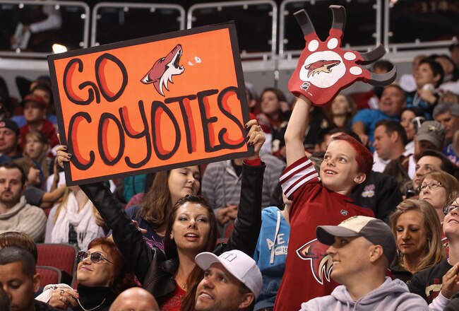 GLENDALE, AZ - JANUARY 31:  Fans of the Phoenix Coyotes cheer during the NHL game agaisnt the Anaheim Ducks at Jobing.com Arena on January 31, 2012 in Glendale, Arizona.  The Ducks defeated the Coyotes 4-1. (Photo by Christian Petersen/Getty Images)