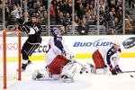 LOS ANGELES, CA - FEBRUARY 01:  Dustin Penner #25 of the Los Angeles Kings celebrates his goal for a 2-1 lead in front of Aaron Johnson #5 and Curtis Sanford #30 of the Columbus Blue Jackets during the second period at Staples Center on February 1, 2012 in Los Angeles, California.  (Photo by Harry How/Getty Images)
