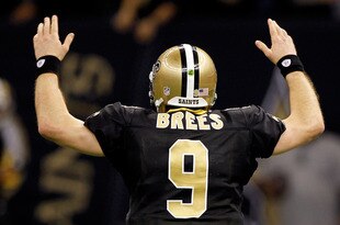 NEW ORLEANS, LA - JANUARY 07:   Drew Brees #9 of the New Orleans Saints celebrates after throwing a touchdown pass to Robert Meachem #17 in the fourth quarter against the Detroit Lions during their 2012 NFC Wild Card Playoff game at Mercedes-Benz Superdome on January 7, 2012 in New Orleans, Louisiana.  (Photo by Chris Graythen/Getty Images)