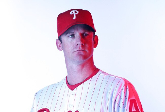 CLEARWATER, FL - FEBRUARY 22:  (EDITORS NOTE: Image was shot with a colored gel on lights) Roy Oswalt #44 of the Philadelphia Phillies poses for a photo during Spring Training Media Photo Day at Bright House Networks Field on February 22, 2011 in Clearwater, Florida.  (Photo by Nick Laham/Getty Images)