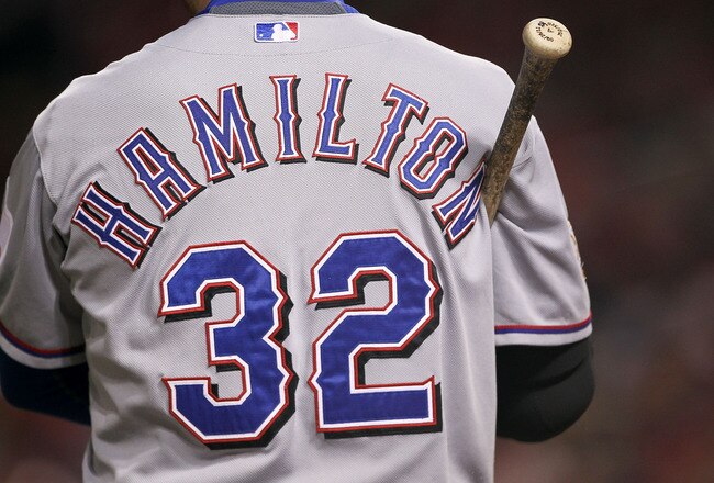 ST LOUIS, MO - OCTOBER 28:  A detailed view of the jersey worn by Josh Hamilton #32 of the Texas Rangers while at bat during Game Seven of the MLB World Series against the St. Louis Cardinals at Busch Stadium on October 28, 2011 in St Louis, Missouri.  (Photo by Ezra Shaw/Getty Images)