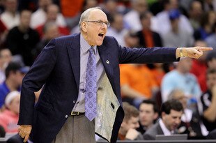 CLEVELAND, OH - MARCH 18: Head coach Jim Boeheim of the Syracuse Orange gestures from the bench during the game against the Indiana State Sycamores during the second round of the 2011 NCAA men's basketball tournament at Quicken Loans Arena on March 18, 2011 in Cleveland, Ohio.  (Photo by Andy Lyons/Getty Images)