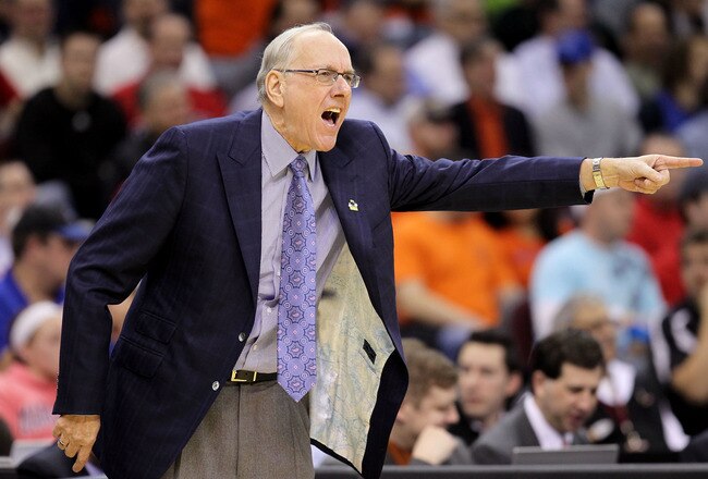 CLEVELAND, OH - MARCH 18: Head coach Jim Boeheim of the Syracuse Orange gestures from the bench during the game against the Indiana State Sycamores during the second round of the 2011 NCAA men's basketball tournament at Quicken Loans Arena on March 18, 2011 in Cleveland, Ohio.  (Photo by Andy Lyons/Getty Images)