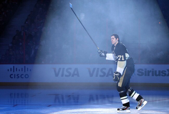 OTTAWA, ON - JANUARY 28:  Evgeni Malkin #71 of the Pittsburgh Penguins gets introduced prior to the 2012 Molson Canadian NHL All-Star Skills Competition at Scotiabank Place on January 28, 2012 in Ottawa, Ontario, Canada.  (Photo by Christian Petersen/Getty Images)