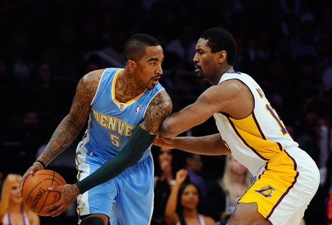 LOS ANGELES, CA - APRIL 03:  Ron Artest #15 of the Los Angeles Lakers defends against JR Smith #5 of the Denver Nuggets at Staples Center on April 3, 2011 in Los Angeles, California. NOTE TO USER: User expressly acknowledges and agrees that, by downloading and or using this photograph, User is consenting to the terms and conditions of the Getty Images License Agreement.  (Photo by Kevork Djansezian/Getty Images)