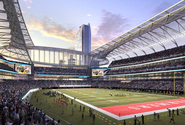 UNDATED: In this rendering released by AEG, the proposed football stadium to house a NFL team in Los Angeles, California is seen. It was announced February 1, 2011 that AEG has sold the naming rights for the proposed stadium to Farmers Insurance Group for $650,000, calling the stadium 'Farmers Field.'  (Illustration by AEG via Getty Images)