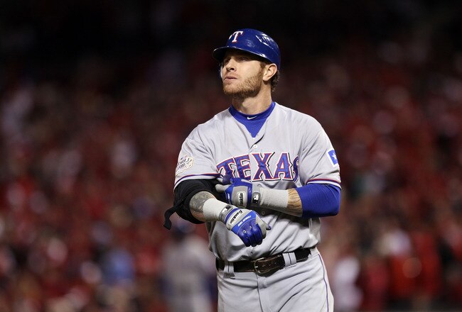ST LOUIS, MO - OCTOBER 28: Josh Hamilton #32 of the Texas Rangers reacts after grounding out in the eighth inning during Game Seven of the MLB World Series against the St. Louis Cardinals at Busch Stadium on October 28, 2011 in St Louis, Missouri.  (Photo by Ezra Shaw/Getty Images)