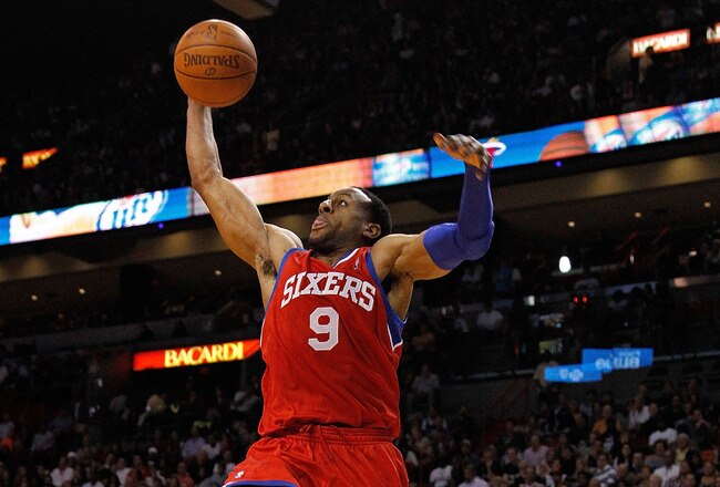 MIAMI, FL - JANUARY 21: Andre Iguodala #9 of the Philadelphia 76ers drives to the rim during a game against the Miami Heat at American Airlines Arena on January 21, 2012 in Miami, Florida. NOTE TO USER: User expressly acknowledges and agrees that, by downloading and/or using this Photograph, User is consenting to the terms and conditions of the Getty Images License Agreement.  (Photo by Mike Ehrmann/Getty Images)
