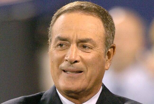 Commentator Al Michaels chats before the start of the Indianapolis Colts vs New York Giants game at the Meadowlands in East Rutherford, New Jersey on September 10, 2006 (Photo by Brian Killian/NFLPhotoLibrary)