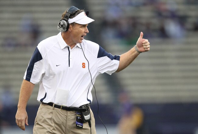 SEATTLE - SEPTEMBER 11:  Head coach Doug Marrone of the Syracuse Orange gestures during the game against the Washington Huskies on September 11, 2010 at Husky Stadium in Seattle, Washington. (Photo by Otto Greule Jr/Getty Images)