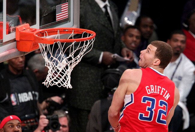 LOS ANGELES, CA - FEBRUARY 19:  Blake Griffin #32 of the Los Angeles Clippers dunks the ball over a car in the final round of the Sprite Slam Dunk Contest apart of NBA All-Star Saturday Night at Staples Center on February 19, 2011 in Los Angeles, California. NOTE TO USER: User expressly acknowledges and agrees that, by downloading and or using this photograph, User is consenting to the terms and conditions of the Getty Images License Agreement.  (Photo by Noel Vasquez/Getty Images)
