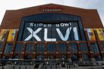 INDIANAPOLIS, IN - FEBRUARY 03:  A general exterior view of Lucas Oil stadium decorated with official Super Bowl XLVI signage prior to the game being played between the New York Giants and the New England Patriots on February 1, 2012 in Indianapolis, Indiana.   (Photo by Chris Graythen/Getty Images)