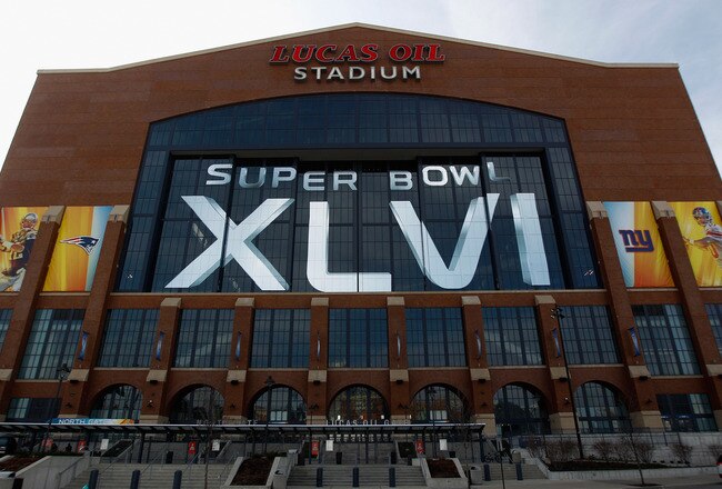 INDIANAPOLIS, IN - FEBRUARY 03:  A general exterior view of Lucas Oil stadium decorated with official Super Bowl XLVI signage prior to the game being played between the New York Giants and the New England Patriots on February 1, 2012 in Indianapolis, Indiana.   (Photo by Chris Graythen/Getty Images)