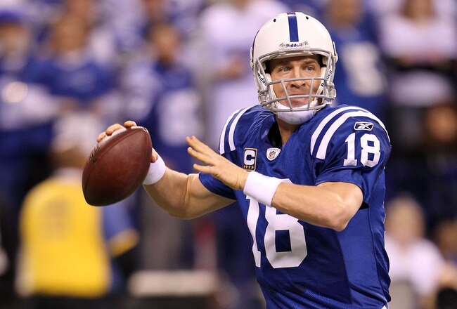 INDIANAPOLIS, IN - JANUARY 08:  Quarterback Peyton Manning #18 of the Indianapolis Colts looks to pass against the New York Jets during their 2011 AFC wild card playoff game at Lucas Oil Stadium on January 8, 2011 in Indianapolis, Indiana. The Jets won 17-16. (Photo by Andy Lyons/Getty Images)