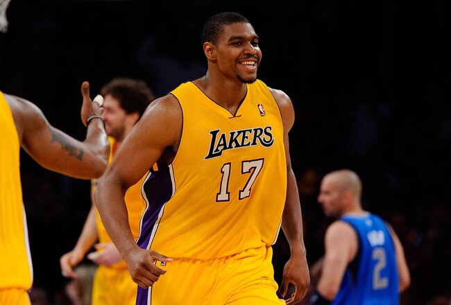 LOS ANGELES, CA - MAY 04:  Andrew Bynum #17 of the Los Angeles Lakers reacts in the first half while taking on the Dallas Mavericks in Game Two of the Western Conference Semifinals in the 2011 NBA Playoffs at Staples Center on May 4, 2011 in Los Angeles, California. NOTE TO USER: User expressly acknowledges and agrees that, by downloading and or using this photograph, User is consenting to the terms and conditions of the Getty Images License Agreement.  (Photo by Kevork Djansezian/Getty Images)