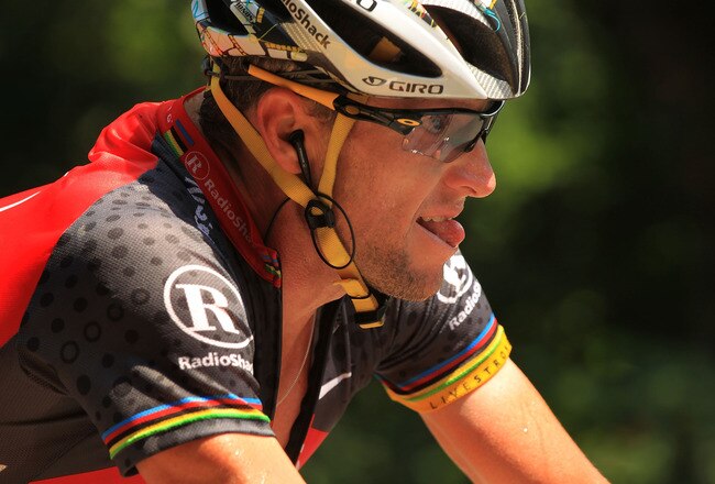 PAU, FRANCE - JULY 20: American Lance Armstrong with team RadioShack rides in a breakaway during stage 16 of the Tour de France on July 20, 2010 in Pau, France. Armstrong started the ride between Bagneres-de-Luchon and Pau in 31st place. French rider Pierrick Fedrigo won the stage while Alberto Contador retained the yellow jersey. The iconic bicycle race will include a total of 20 stages and will cover 3,642km before concluding in Paris on July 25. (Photo by Spencer Platt/Getty Images)