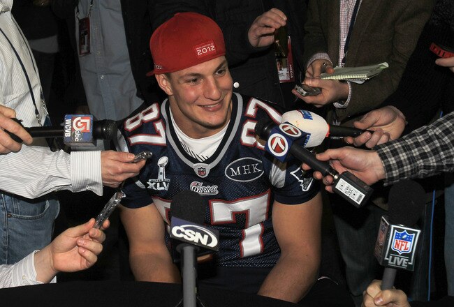 INDIANAPOLIS, IN - FEBRUARY 01:  Rob Gronkowski #87 of the New England Patriots answers questions from the press during a media availability session for Super Bowl XLVI at the University Place Conference Center & Hotel on February 1, 2012 in Indianapolis, Indiana.  (Photo by Scott Halleran/Getty Images)