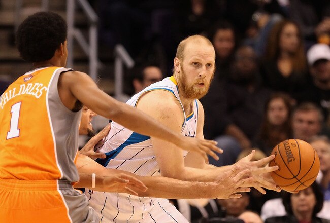 PHOENIX, AZ - DECEMBER 26:  Chris Kaman #35 of the New Orleans Hornets handles the ball during the season openning NBA game against the Phoenix Suns at US Airways Center on December 26, 2011 in Phoenix, Arizona.  The Hornets defeated the Suns 85-84. NOTE TO USER: User expressly acknowledges and agrees that, by downloading and or using this photograph, User is consenting to the terms and conditions of the Getty Images License Agreement.  (Photo by Christian Petersen/Getty Images)