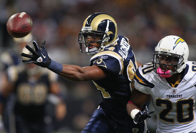ST. LOUIS - OCTOBER 17: Danario Alexander #84 of the St. Louis Rams attempts to catch a pass against Antoine Cason #20 of the San Diego Chargers at the Edward Jones Dome on October 17, 2010 in St. Louis, Missouri.  The Rams beat the Chargers 20-17.  (Photo by Dilip Vishwanat/Getty Images)