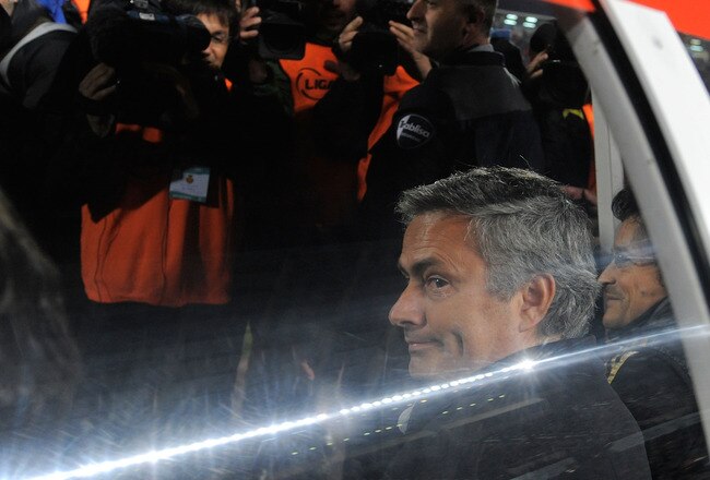 PALMA DE MALLORCA, SPAIN - JANUARY 14:  Real Madrid head coach Jose Mourinho is filmed by camera crews prior to the La Liga match between RCD Mallorca and Real Madrid at Iberostar Stadium on January 14, 2012 in Palma de Mallorca, Spain.  (Photo by Denis Doyle/Getty Images)