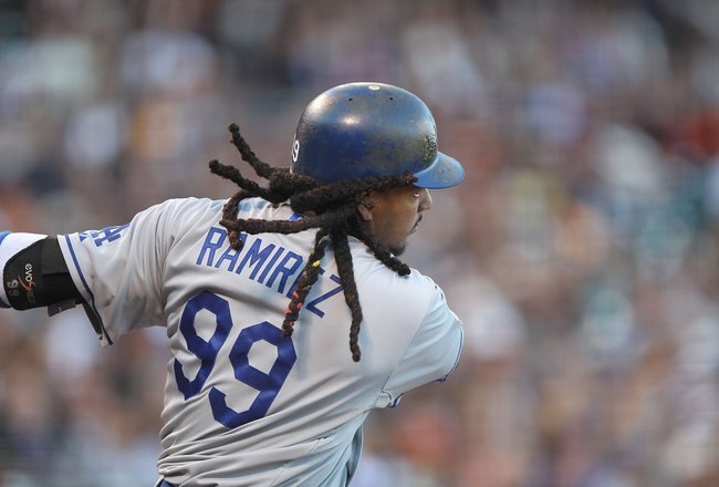 SAN FRANCISCO - JUNE 28:  Manny Ramirez #99 of the Los Angeles Dodgers in action against the San Francisco Giants during an MLB game at AT&T Park on June 28, 2010 in San Francisco, California.  (Photo by Jed Jacobsohn/Getty Images)