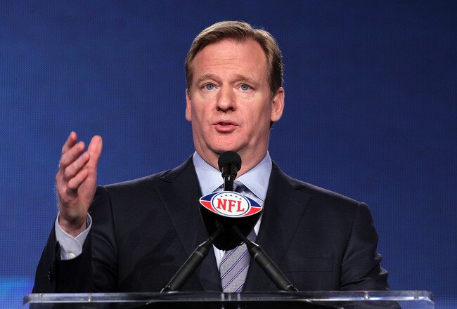 INDIANAPOLIS, IN - FEBRUARY 03:  NFL Commissioner Roger Goodell addresses the media during a news conference ahead of Superbowl XLVI on February 3, 2012 in Indianapolis, Indiana.  (Photo by Jamie Squire/Getty Images)