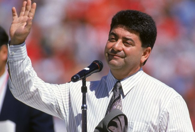 SAN FRANCISCO - SEPTEMBER 10:  San Francisco 49ers owner Eddie Debartolo speaks to the fans during the 49ers home opener against the Atlanta Falcons at Candlestick Park on September 10, 1995 in San Francisco, California.  The 49ers won 41-10.  (Photo by George Rose/Getty Images)