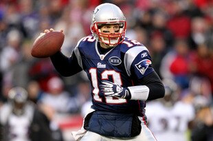 FOXBORO, MA - JANUARY 22:  Tom Brady #12 of the New England Patriots looks to throw against the Baltimore Ravens during their AFC Championship Game at Gillette Stadium on January 22, 2012 in Foxboro, Massachusetts.  (Photo by Jim Rogash/Getty Images)