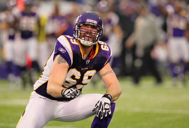 MINNEAPOLIS, MN - JANUARY 01:   Jared Allen #69 of the Minnesota Vikings celebrates his sack Josh McCown #15 of the Chicago Bears to set a franchise record of 22 sacks for the season at the Hubert H. Humphrey Metrodome on January 01, 2012 in Minneapolis, Minnesota.  (Photo by Adam Bettcher /Getty Images)
