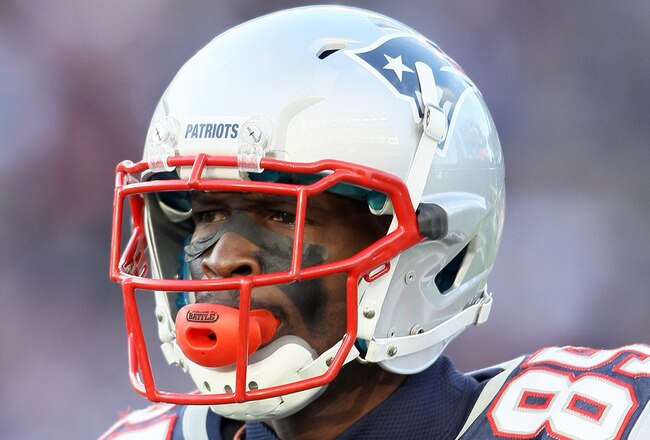 FOXBORO, MA - JANUARY 01: Chad Ochocinco #85 of the New England Patriots heads off the field in the second half against the Buffalo Bills on January 1, 2012 at Gillette Stadium in Foxboro, Massachusetts.  (Photo by Elsa/Getty Images)