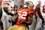 SAN FRANCISCO, CA - JANUARY 22:  Patrick Willis #52 of the San Francisco 49ers reacts after he sacked Eli Manning #10 of the New York Giants in the second half during the NFC Championship Game at Candlestick Park on January 22, 2012 in San Francisco, California.  (Photo by Thearon W. Henderson/Getty Images)