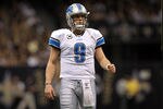NEW ORLEANS, LA - JANUARY 07:   Matthew Stafford #9 of the Detroit Lions looks on against the New Orleans Saints during their 2012 NFC Wild Card Playoff game at Mercedes-Benz Superdome on January 7, 2012 in New Orleans, Louisiana.  (Photo by Ronald Martinez/Getty Images)