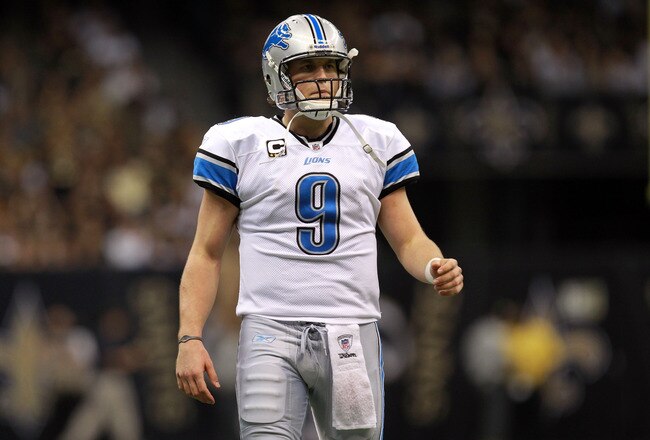 NEW ORLEANS, LA - JANUARY 07:   Matthew Stafford #9 of the Detroit Lions looks on against the New Orleans Saints during their 2012 NFC Wild Card Playoff game at Mercedes-Benz Superdome on January 7, 2012 in New Orleans, Louisiana.  (Photo by Ronald Martinez/Getty Images)
