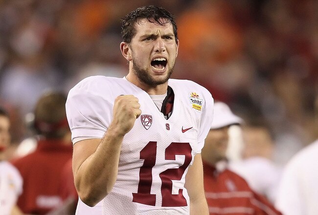 GLENDALE, AZ - JANUARY 02:  Andrew Luck #12 of the Stanford Cardinal reacts during the Tostitos Fiesta Bowl against the Oklahoma State Cowboys on January 2, 2012 at University of Phoenix Stadium in Glendale, Arizona.  (Photo by Christian Petersen/Getty Images)