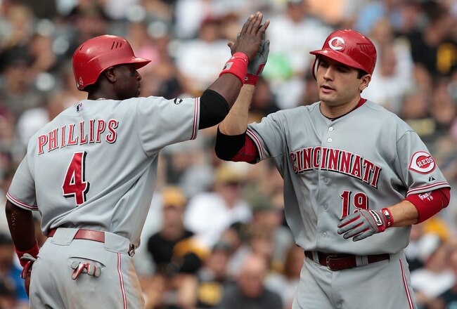 PITTSBURGH - AUGUST 21:  Joey Votto #19 of the Cincinnati Reds is congratulated by teammate Brandon Phillips #4 after hitting a three run home run in the 6th inning during the game on August 21, 2011 at PNC Park in Pittsburgh, Pennsylvania.  (Photo by Jared Wickerham/Getty Images)