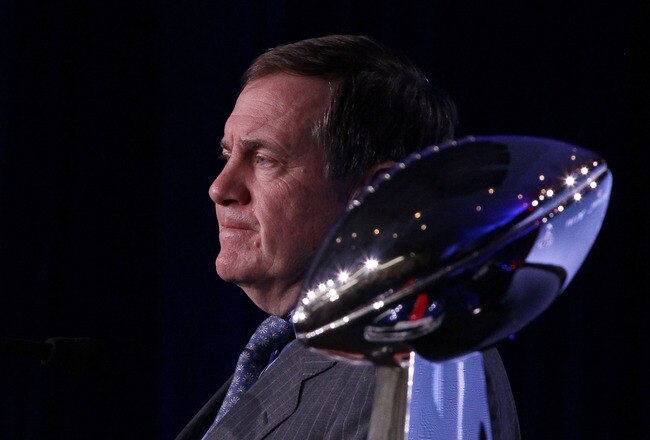 INDIANAPOLIS, IN - FEBRUARY 03:  AFC Champion Head Coach Bill Belichick answers questions during a press conference during Super Bowl XLVI week at the JW Marriott in Indianapolis, Indiana.  (Photo by Elsa/Getty Images)