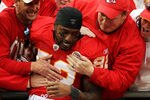 KANSAS CITY, MO - DECEMBER 18:  Dwayne Bowe #82 of the Kansas City Chiefs celebrates by jumping into the stands after the Chiefs defeated the Green Bay Packers 19-14 to win the game on December 18, 2011 at Arrowhead Stadium in Kansas City, Missouri.  (Photo by Jamie Squire/Getty Images)