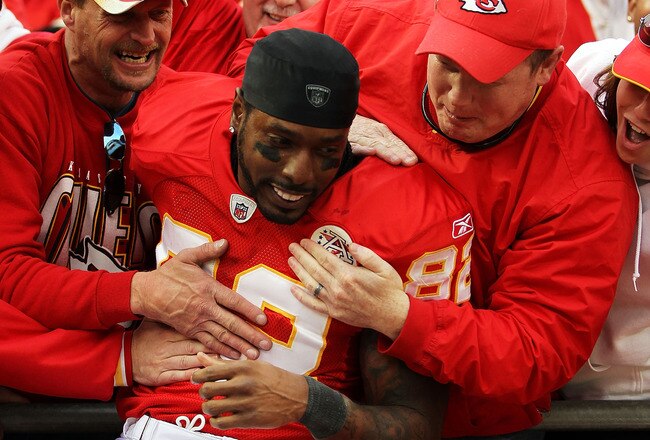 KANSAS CITY, MO - DECEMBER 18:  Dwayne Bowe #82 of the Kansas City Chiefs celebrates by jumping into the stands after the Chiefs defeated the Green Bay Packers 19-14 to win the game on December 18, 2011 at Arrowhead Stadium in Kansas City, Missouri.  (Photo by Jamie Squire/Getty Images)