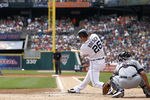 DETROIT, MI - AUGUST 21: Brennan Boesch #26 of the Detroit Tigers singles to left field in the first inning during the game against the Cleveland Indians at Comerica Park on August 21, 2011 in Detroit, Michigan.  (Photo by Leon Halip/Getty Images)