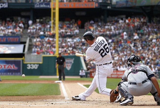 DETROIT, MI - AUGUST 21: Brennan Boesch #26 of the Detroit Tigers singles to left field in the first inning during the game against the Cleveland Indians at Comerica Park on August 21, 2011 in Detroit, Michigan.  (Photo by Leon Halip/Getty Images)