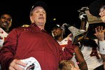 ORLANDO, FL - DECEMBER 29: Coach Jimbo Fisher of the Florida State Seminoles celebrates after a victory against the Notre Dame Fight Irish  in the 2011 Champs Sports Bowl December 29, 2011 at the Florida Citrus Bowl in Orlando, Florida.  FSU won 18 - 14. (Photo by Al Messerschmidt/Getty Images)