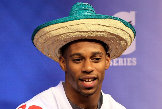 INDIANAPOLIS, IN - JANUARY 31:  Victor Cruz #80 of the New York Giants answers question from the media during Media Day ahead of Super Bowl XLVI against the New England Patriots at Lucas Oil Stadium on January 31, 2012 in Indianapolis, Indiana.  (Photo by Scott Halleran/Getty Images)