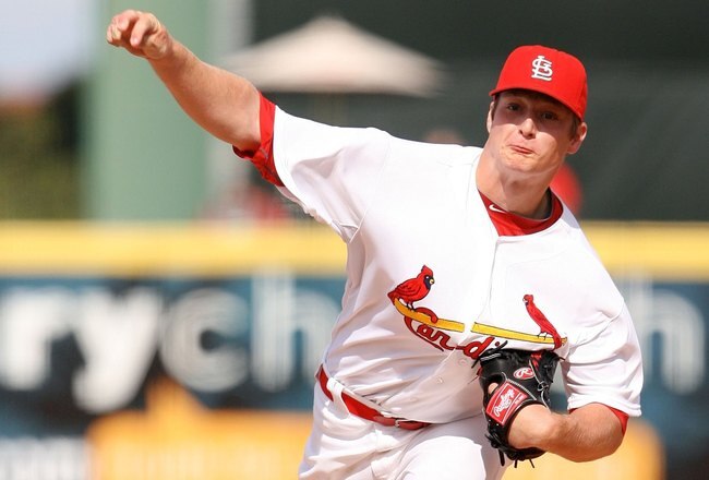 JUPITER, FL - MARCH 10:  Relief pitcher Shelby Miller #91 of the St Louis Cardinals pitches against the Washington Nationals at Roger Dean Stadium on March 10, 2010 in Jupiter, Florida.  (Photo by Doug Benc/Getty Images)