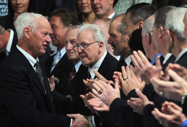 TORONTO, ON - NOVEMBER 12: Gordie Howe shakes hands with other other Hockey Hall of Fame members during a ceremony prior to the game between the Toronto Maple Leafs and the Ottawa Senators at the Air Canada Centre on November 12, 2011 in Toronto, Ontario, Canada.  (Photo by Bruce Bennett/Getty Images)