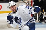 TORONTO, CANADA - FEBRUARY 1:  Clarke MacArthur #16 of the Toronto Maple Leafs celebrates his goal in a game against the Pittsburgh Penguins on February 1,2012 at the Air Canada Centre in Toronto, Canada. The Leafs defeated the Penguins 1-0. (Photo by Claus Andersen/Getty Images)