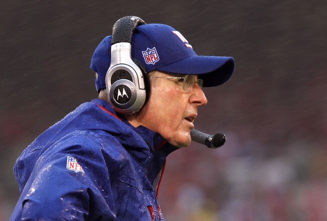 SAN FRANCISCO, CA - JANUARY 22:  Head coach Tom Coughlin of the New York Giants looks on against the San Francisco 49ers during the NFC Championship Game at Candlestick Park on January 22, 2012 in San Francisco, California.  (Photo by Jamie Squire/Getty Images)
