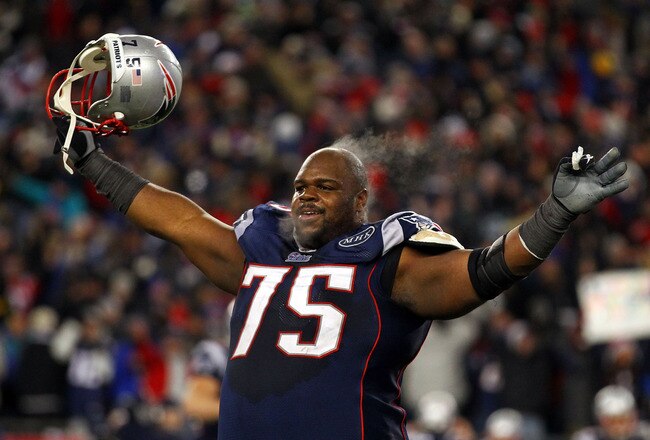 FOXBORO, MA - JANUARY 22:   Vince Wilfork #75 of the New England Patriots celebrates after defeating the Baltimore Ravens in the AFC Championship Game at Gillette Stadium on January 22, 2012 in Foxboro, Massachusetts. The New England Patriots defeated the Baltimore Ravens 20-23.  (Photo by Al Bello/Getty Images)