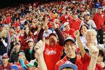 PHILADELPHIA , PA - SEPTEMBER 18:  Fans of the Philadelphia Phillies celebrate their 5 time Eastern Division Champions at the start of their game against of the St Louis Cardinals at Citizens Bank Park on September 18, 2011 in Philadelphia, Pennsylvania.  (Photo by Len Redkoles/Getty Images)