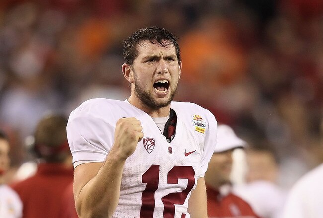 GLENDALE, AZ - JANUARY 02:  Andrew Luck #12 of the Stanford Cardinal reacts during the Tostitos Fiesta Bowl against the Oklahoma State Cowboys on January 2, 2012 at University of Phoenix Stadium in Glendale, Arizona.  (Photo by Christian Petersen/Getty Images)